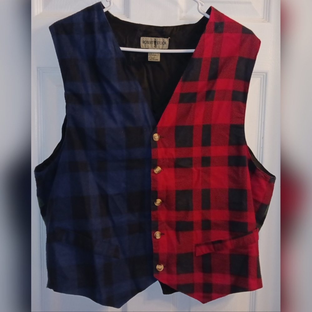 Vintage Robert Stock Plaid Flannel Vest L Red Blue Green Black 90s Grunge